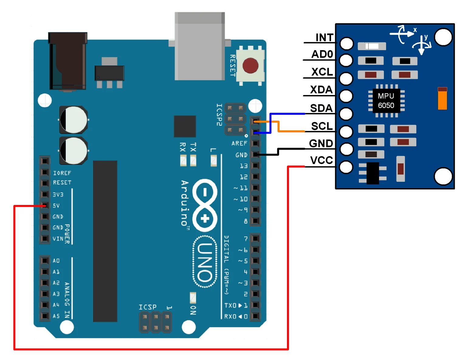 MPU6050 accelerometer and gyroscope sensor module pinout and wiring