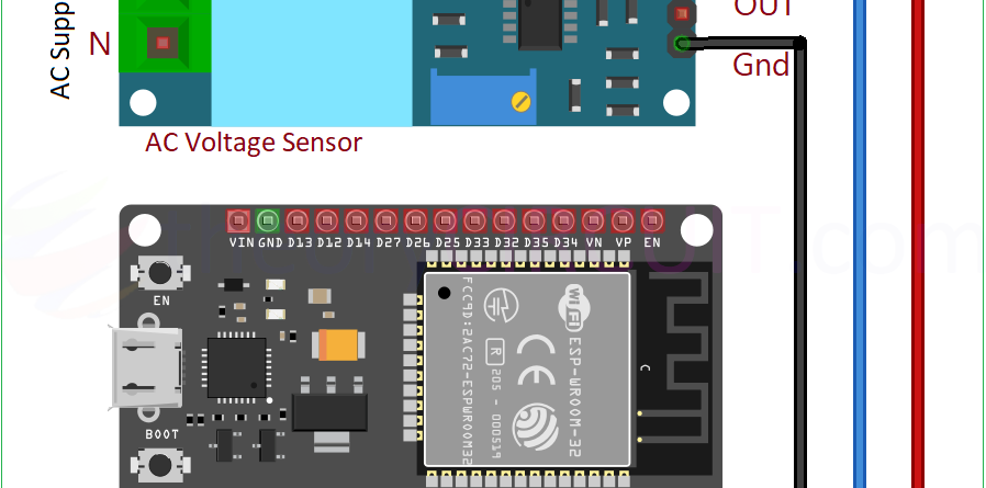 ESP32 with ZMPT101B voltage sensor AC voltage measurement circuit